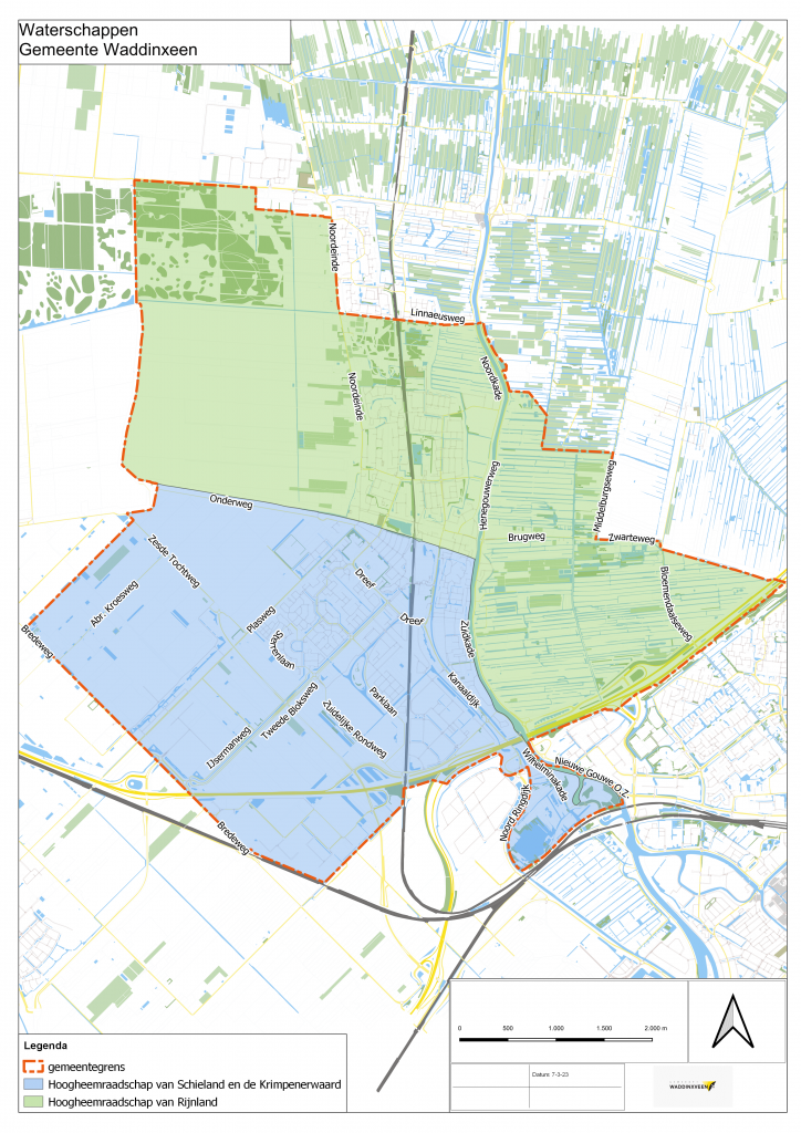Het waterschap Rijnland ligt ten oosten van de Zuidkade en ten noorden van de Onderweg. Waterschap Schieland en Krimpenerwaard ligt ten Zuiden van de Onderweg en ten westen van de Zuidkade.