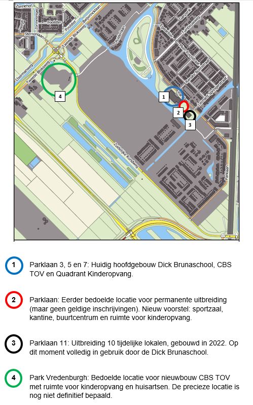 locaties 1, 2 en 4 zijn de locaties op de Parklaan 3, 5 en 7 en 11. Locatie 4 is park Vredenburgh.