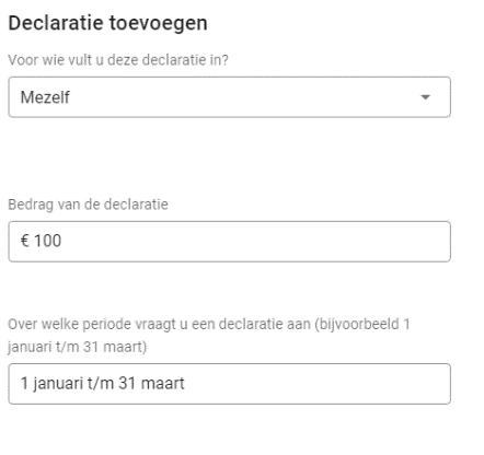 Daarna ziet u een nieuw scherm. Vul in voor wie u de declaratie invult. Wat is het bedrag wat u declareert. En over welke periode gaat de declaratie. Klik daarna op de (roze) knop Toevoegen.