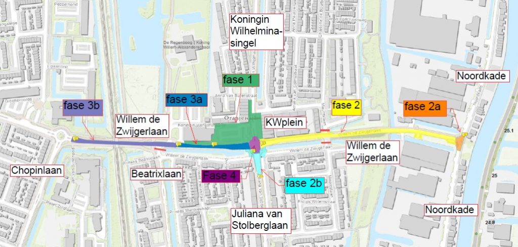 Fase 1: Parkeerterrein AH en KW-plein tot de Frederik Hendriklaan
15 januari – 9 februari 2024

Fase 2: Willem de Zwijgerlaan tussen KW-plein en Noordkade
12 februari – 3 april 2024

Fase 2a: Kruising Willem de Zwijgerlaan en Noordkade
27 maart - 28 maart 2024

Fase 2b: Juliana van Stolberglaan tot het KW-plein
21 maart – 3 april 2024

Fase 3a: Willem de Zwijgerlaan tussen KW-plein en Beatrixlaan
4 april – 17 april 2024

Fase 3b: Willem de Zwijgerlaan tussen Beatrixlaan en Chopinlaan
18 april – 26 april 2024

Fase 4: Kruising KW-plein
25 april – 26 april 2024