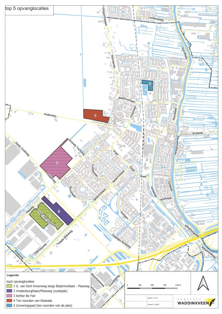 Overzicht van 5 opvanglocaties: G. van Dort Kroonweg, Vredenburghlaan/Plasweg, achter Be Fair en Kleikade.