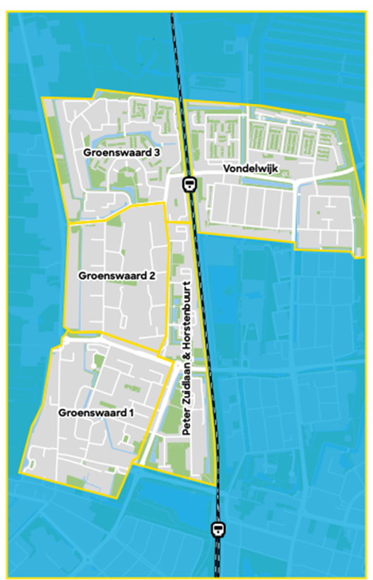 de startbuurt valt onder wijken Groenswaard 3, Groenswaard 2, Groenswaard 1, Peter Zuidlaan, Vondelwijk en de Horstenbuurt
