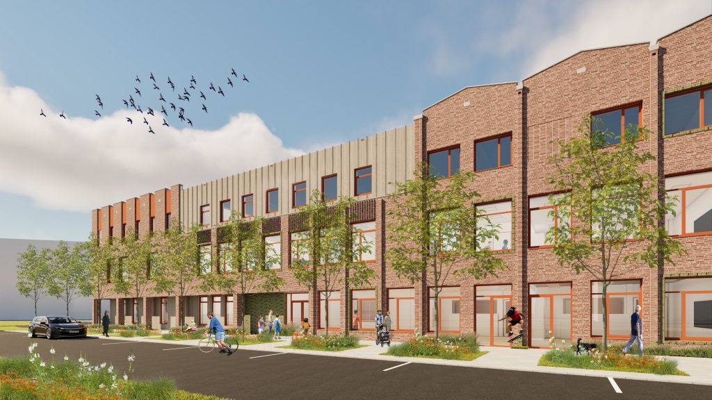 tekening van gebouw straat met bomen en parkeerplaatsen