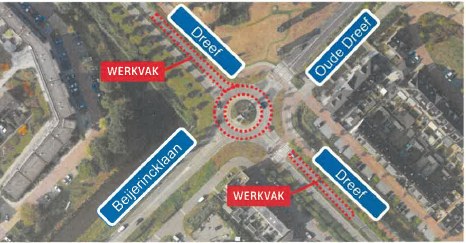 Luchtfoto rotonde Dreef-Beijerincklaan. Met een rode stippellijn is aangegeven waar de werkzaamheden zijn; namelijk op de rotonde en de Dreef.