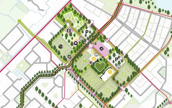 In het plan voor sportpark staan een groen hart met bomen om het park, zwembad, sportvelden, brandweerkazerne, sportschool Club Den Edel, gezondheidscentrum, basisschool OBS de Gouwe. Het sportpark ligt tussen de Plasweg, Sniepweg, Limaweg, Dreef, Esdoornlaan, Herbarenerf.