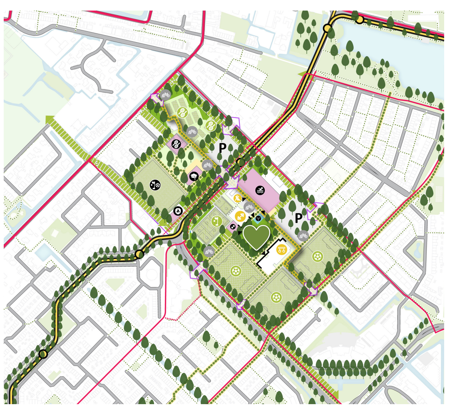 In het plan voor sportpark staan een groen hart met bomen om het park, zwembad, sportvelden, brandweerkazerne, sportschool Club Den Edel, gezondheidscentrum, basisschool OBS de Gouwe. Het sportpark ligt tussen de Plasweg, Sniepweg, Limaweg, Dreef, Esdoornlaan, Herbarenerf.