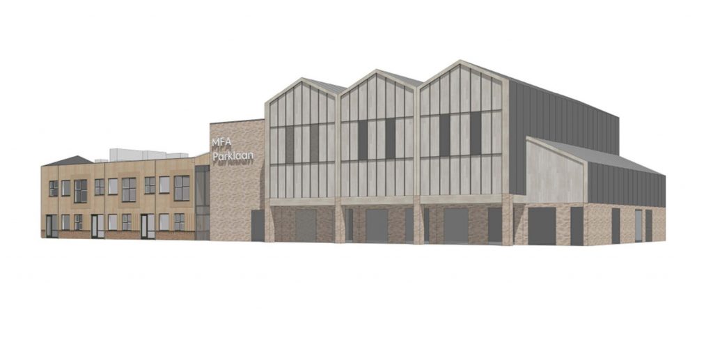 Het nieuwe deel van het gebouw komt rechts van het bestaande gebouw. Een doorzichtig gedeelte van glas verbindt het nieuwe gebouw met het bestaande gebouw. Het nieuwe deel heeft een dak met een plat stuk, daarnaast 3 hoge punten en aan het einde 1 kleine punt. Het gebouw is opgebouwd uit stenen en hout. De kleur is licht grijs/beige 