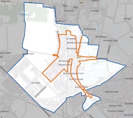 kaartje van Waddinxveen waarop met oranje lijnen is aangegeven welk gebied is onderzocht. Elk adres in dit onderzochte gebied kan een aanvraag voor een vergunning doen. 
