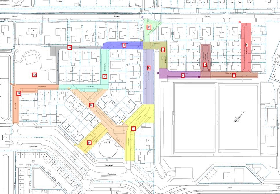 Op de plattegrond staan het Machtelderf, Gijsberterf, Floriserf en Herbarenerf. Hierop zijn de verschillende fases ingekleurd waarin de aannemer aan het werk gaat in een bepaald gebied. De fases hebben ook een nummer. In het uitklapveld onder de afbeelding staan de exacte straatnamen en locaties omschreven
