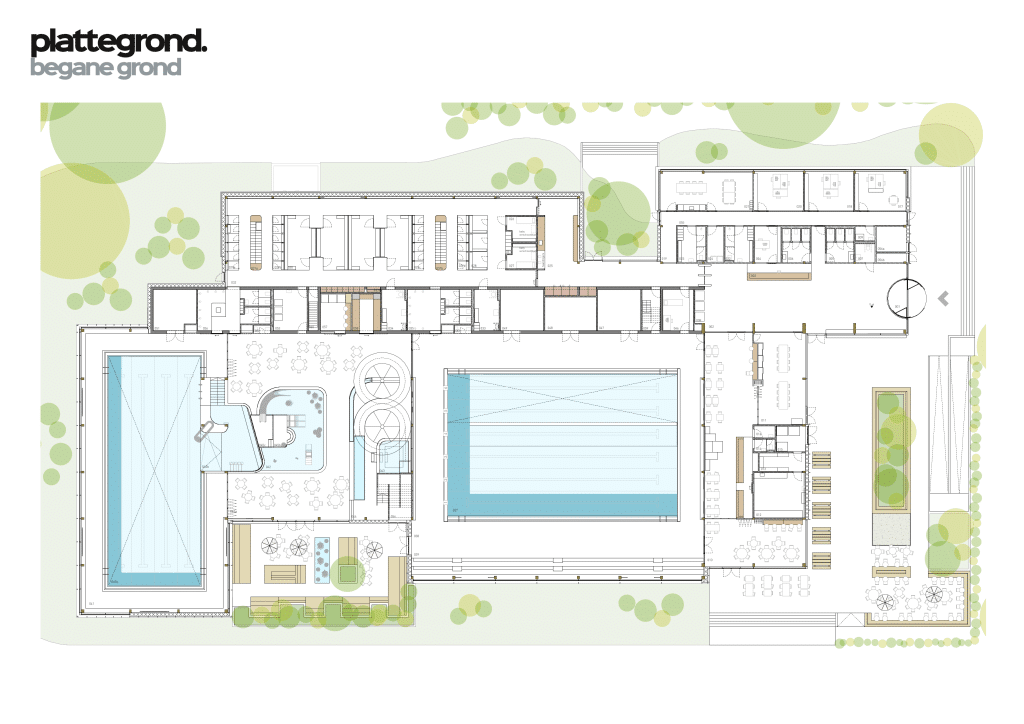 Plattegrond van het nieuwe zwembad. Er komt een doelgroepenbad, een recreatiedeel met een glijbaan en peuterbad. Aan het recreatiedeel zit het buitenterras. Rechts van het recreatiedeel is het wedstrijdbad. Boven de baden komen de kleedruimtes, douches en toiletten. De ingang is rechts bovenin. Rechtsonder is de horeca met een buitenterras.
