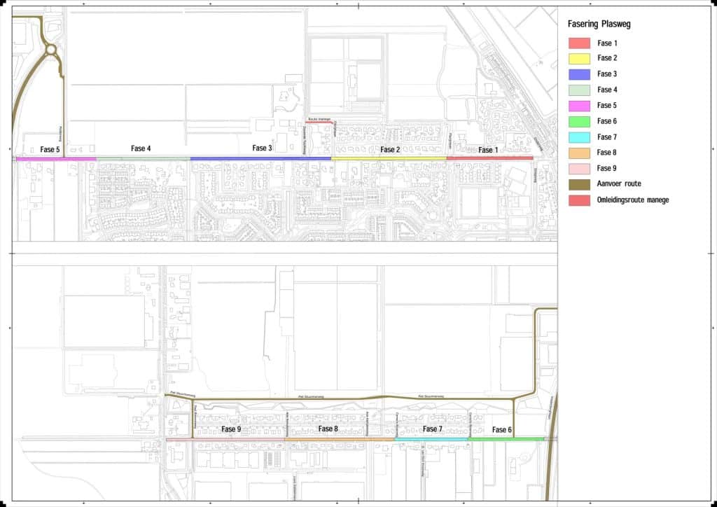 Op de plattegrond staat de Plasweg in Waddinxveen. De loopt van de Dorpstraat tot aan de Bredeweg in Moerkapelle. De Plasweg is opgedeeld in 9 delen( Fases) die elk een eigen kleur hebben. Ook staat per fasae een nummer op de plattegrond.
